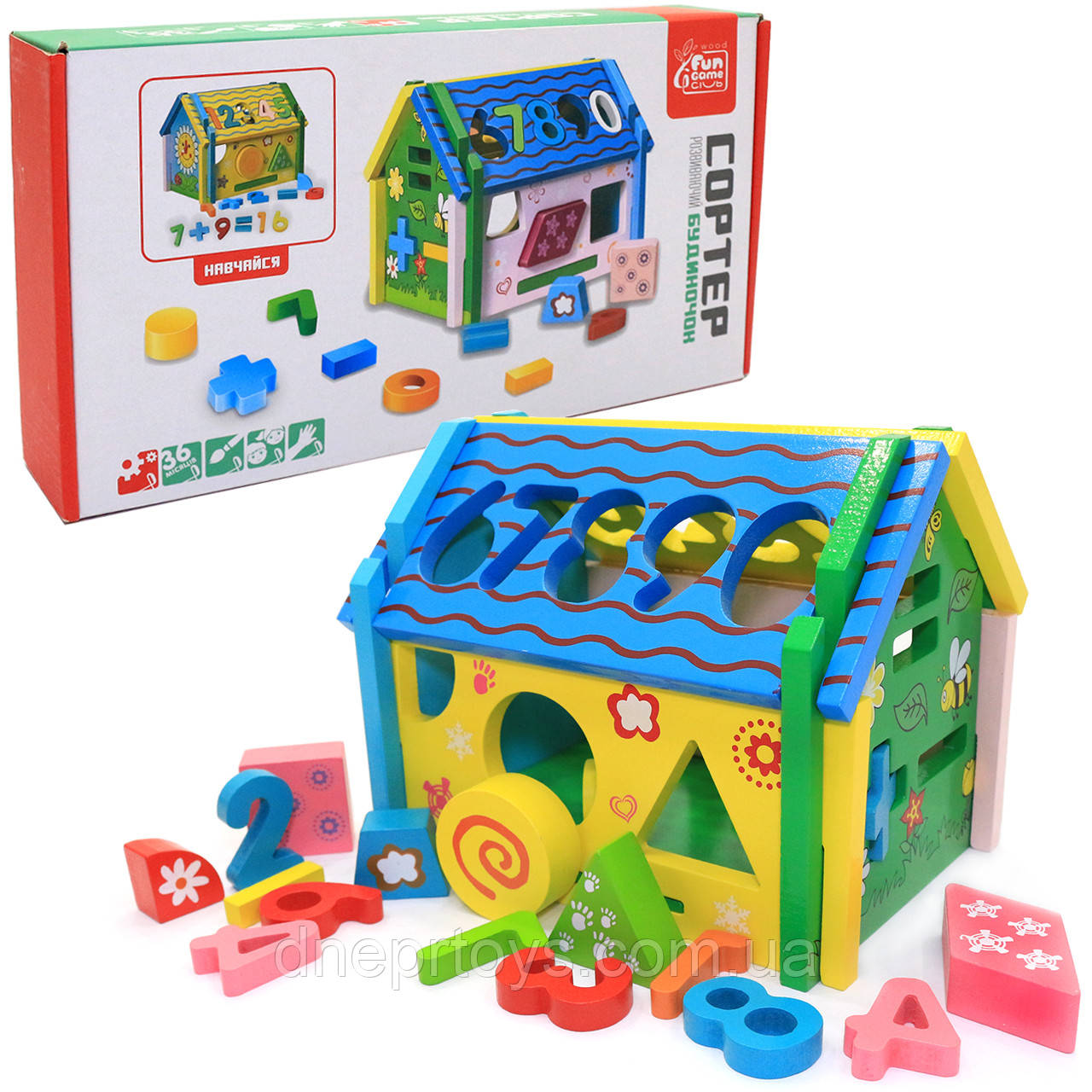Розвиваюча дерев'яна іграшка Будиночок-сортер Fun Game фігури цифри 16*19*14 см (57107)
