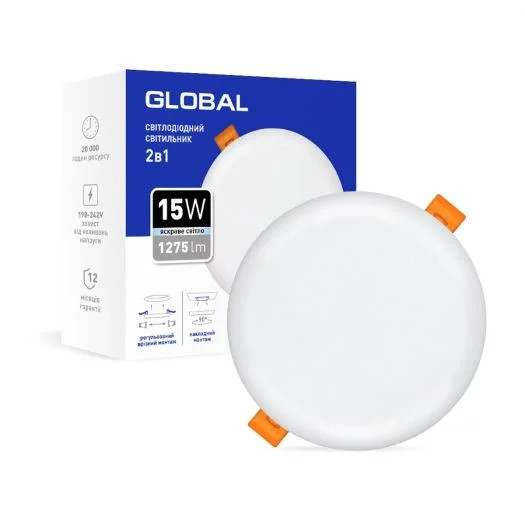 LED світильник GLOBAL GSP 15W нейтрал(4100k) 2в1 (врізний / накладної)