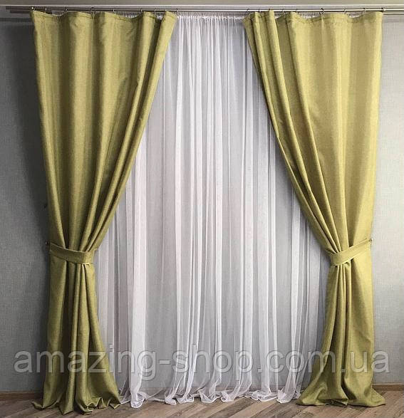 Готовий комплект штор із льону на тасьмі 150х270 см. Колір Салатовий, фото 1