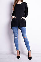 Женский теплый свитер с карманами косы черный размер 44