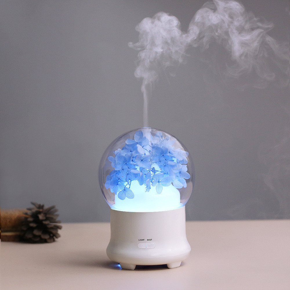 Зволожувач повітря, аромалампа з живими блакитними квітами Гортензія, нічник з LED-підсвічуванням у подарунок
