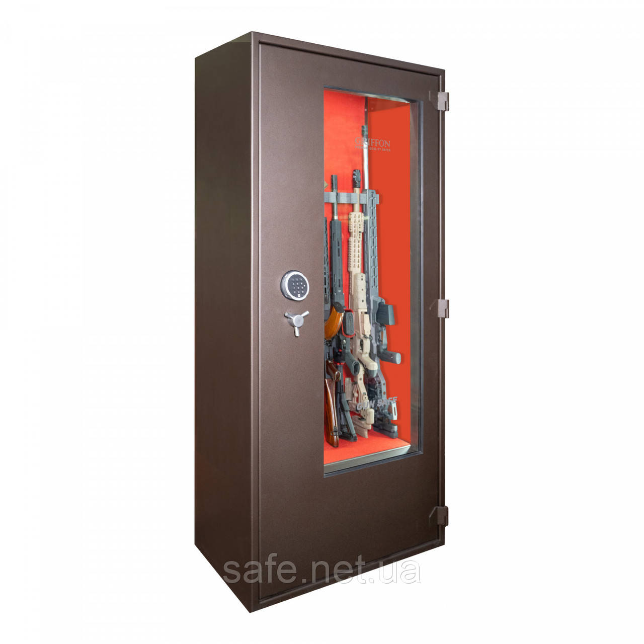 Сейф збройовий Griffon GD.840.E.T BROWN GLASS з ударостійким склом (ВxШxГ:1800x840x450) на 18 ружей