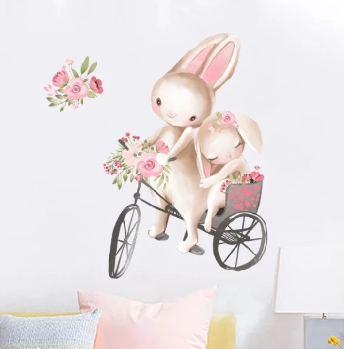 Вінілові інтер'єрні наклейки на стіну, вікна, двері "кролики на велосипеді" 40 см*35 см (лист 40*30 см)