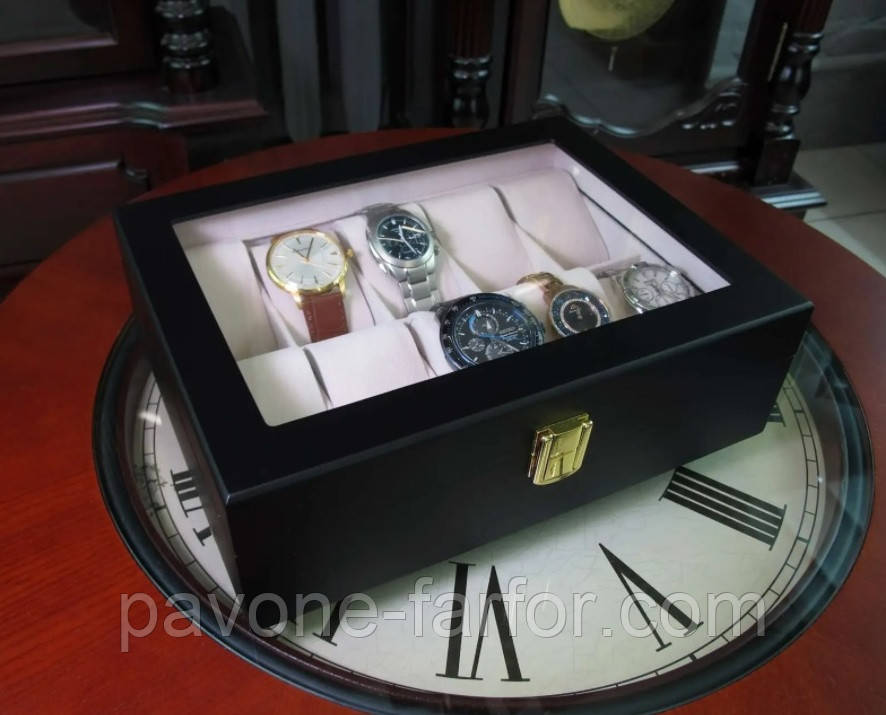 Дерев'яна скринька для годинника "Павліна" на 10 відділень, чорна матова