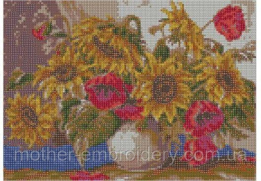 Алмазна вишивка "Букет соняшника та маків" весна ваза сад, повна викладка зашивка мозаїка 5d набори 30х40 см