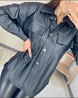 Женская кожаная рубашка свободного кроя на кнопках 44, Черный