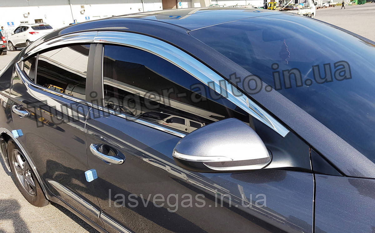 Дефлектори вікон (вітровики) хромовані Hyundai Elantra AD 2015-2020 (Autoclover/Корея), фото 1