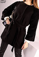 Женское кашемировое пальто в черном цвете с меховыми рукавами имитация натурального меха.