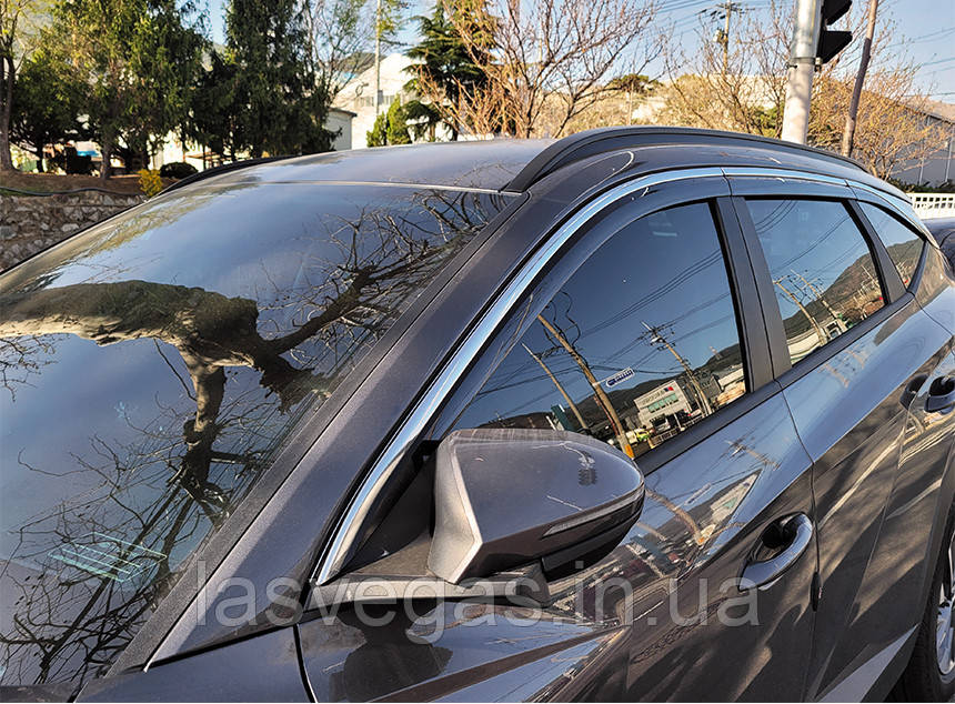 Дефлектори вікон з хром молдингом, вітровики Hyundai Tucson NX4 LONG 2021- (Autoclover E452)