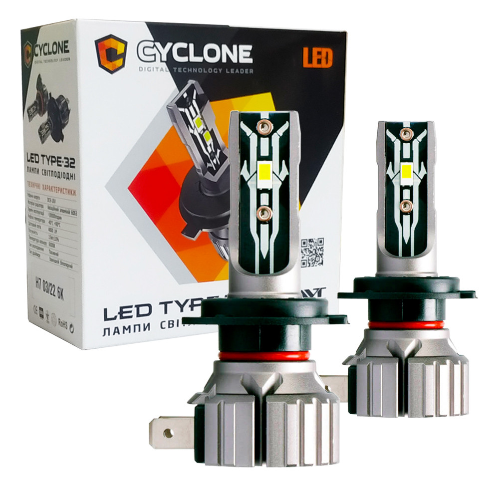 Лампа світлодіодна для фар CYCLONE LED H7 6000K 4800LM TYPE 32 2 шт комплект, фото 1
