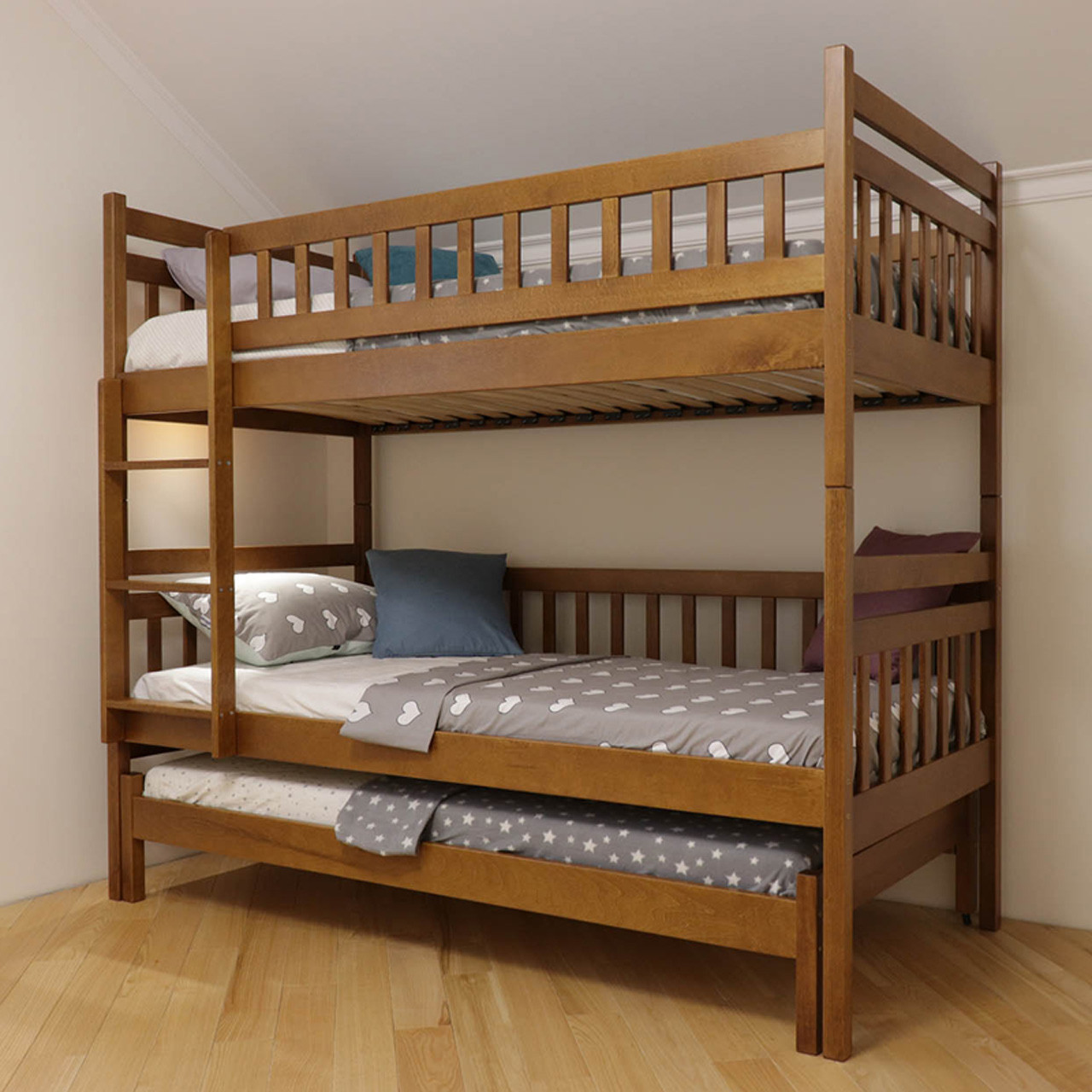 Ліжко двох'ярусне дерев'яне Том і Джері з додатковим спальним місцем масив бука (трансформер) 900х1900