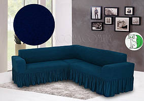 Чохол Для Кутового Дивану Жакардовий З Оборкою Універсальний Натяжна темно-синій Venera