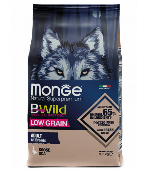 Низькозерновий сухий корм для собак BWILD Monge Low Grain м'ясо гусака 2,5 кг