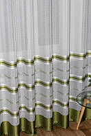 Тюль під льон в зелену смужку горизонтальну, висота 300 см, виробництво Туреччина