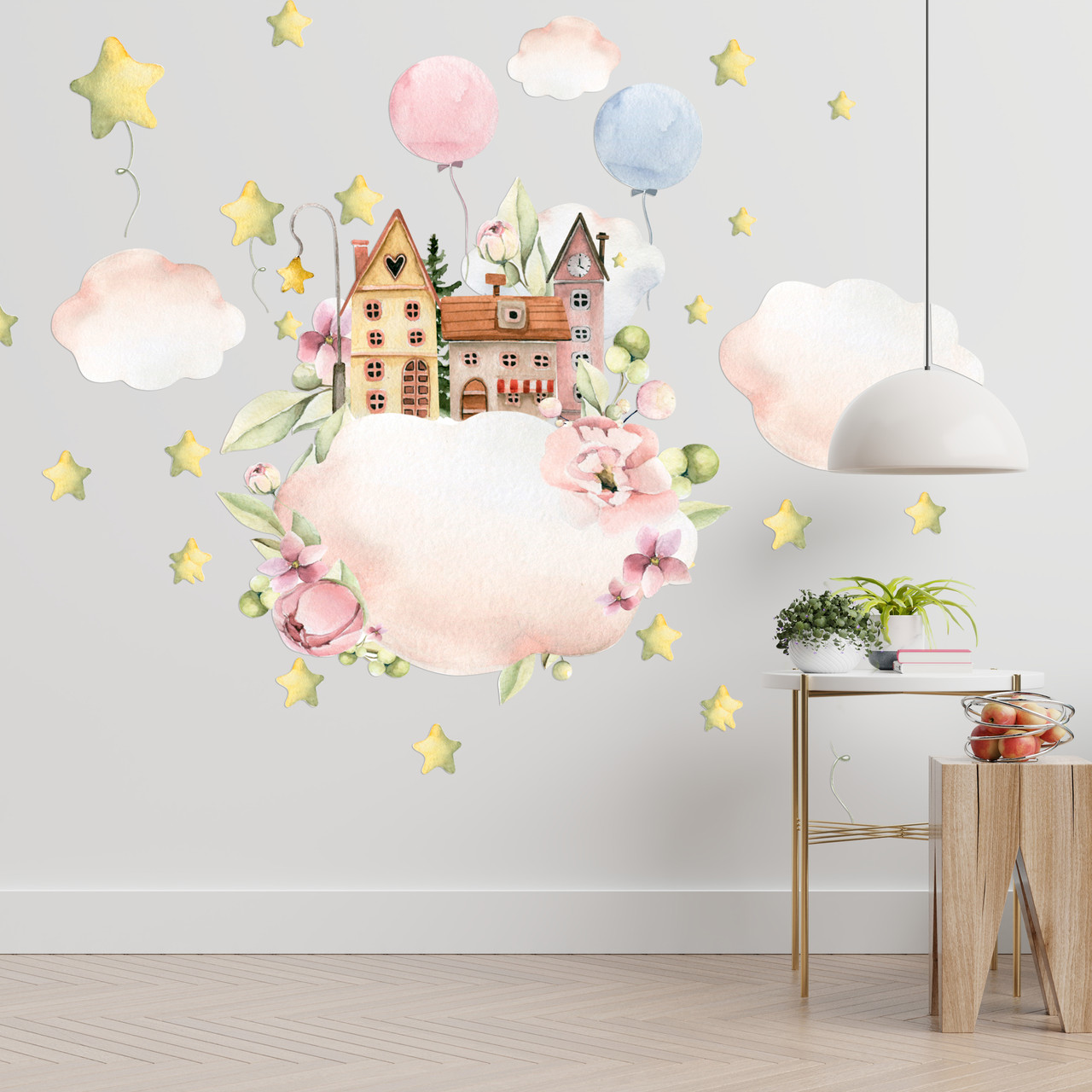 Акварельна наклейка на стіну Місто на хмарі (замок зірки повітряні кулі дитяча) Набір М 960х700 мм матова, фото 1
