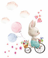 Виниловые наклейки Зайчик с цветами (воздушные шарики заяц велосипед) Набор ХL 1000х1190 мм матовая