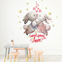 Акварельные детские наклейки Сладкая любовь виниловые стикеры для стен зайцы сердце Набор М 500х540 мм матовая