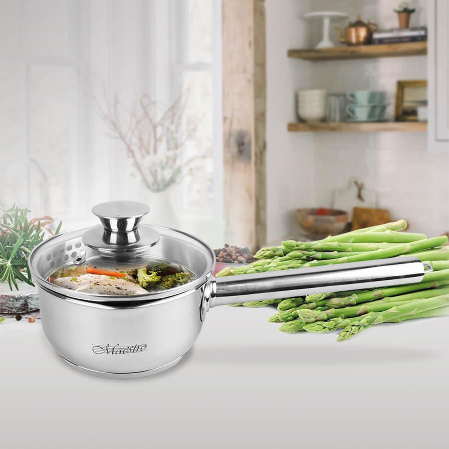 Ківш із неіржавіючої сталі з кришкою MaestroMR-3510-14S (1 л)  /сотейник Маестро / ковшик Маестро, фото 1