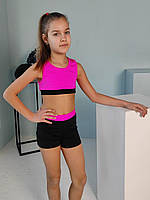 Детский костюм топ и шорты для гимнастики и спорта на девочку из бифлекса черно-розового цвета Оливия р. 26-44