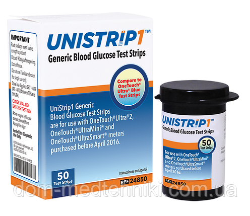 Тест-смужки Юністрип (UniStrip), аналог оригінальних смужок OneTouch Ultra (ВанТач Ультра), 50 шт., фото 1