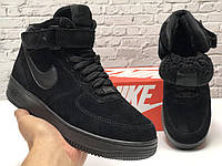 Зимние кроссовки Nike Air Force 1 Mid Suede Black (Найк Аир Форсы мужские черные на меху)