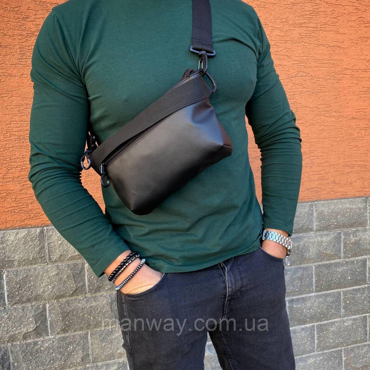Чоловіча бананка екошкіра нагрудна Сумка через плече поясна сумка чорна на 3 відділення