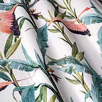 Декоративная ткань с голубыми растениями и розовыми фламинго на белом для подушек на диван 84301v1