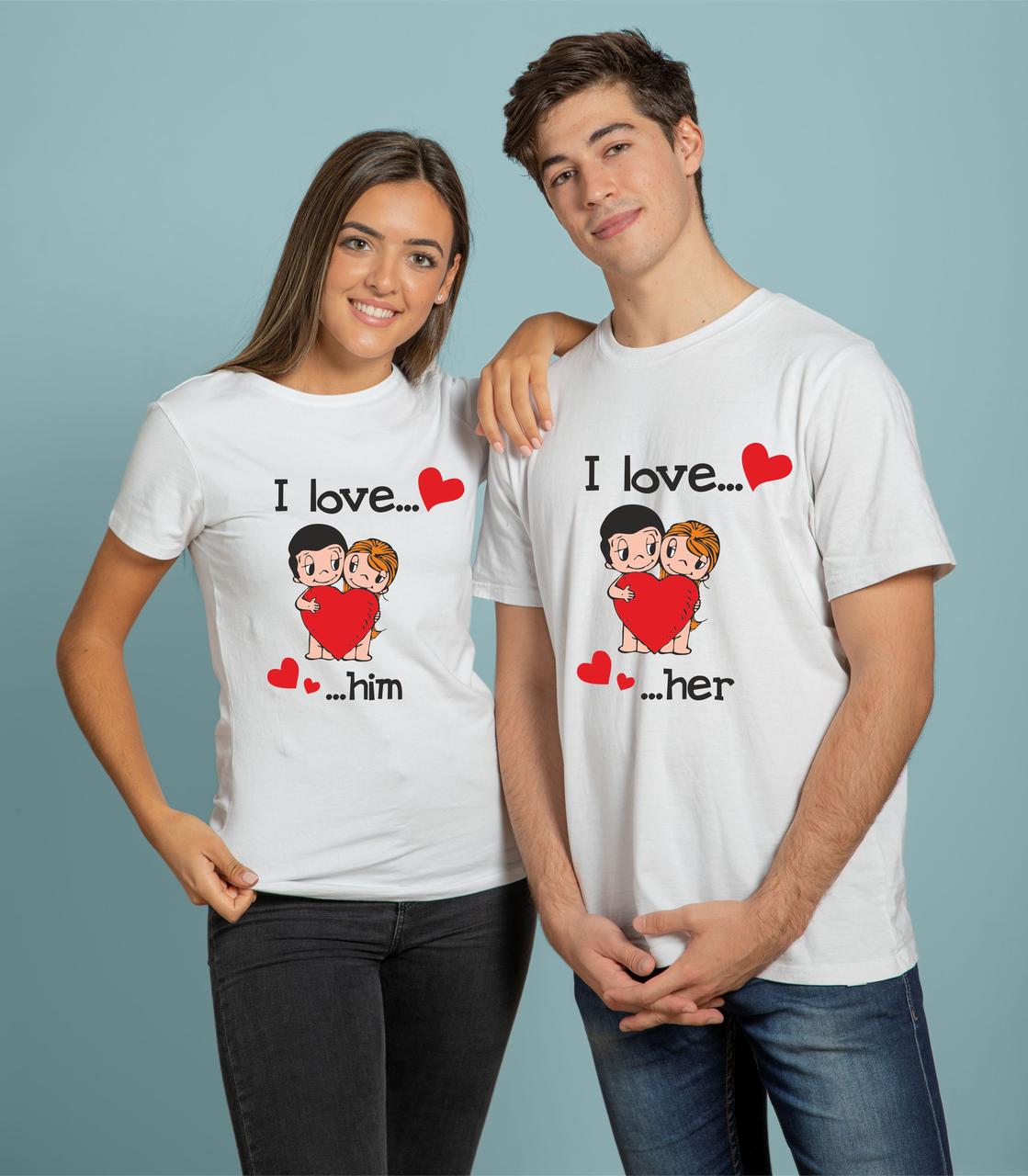 Парні футболки I love... him, I love... her, футболки для закоханих із прикольними написами та принтами