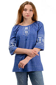Стильна жіноча вишиванка Пана, вишита блузка, колір-джинс. Льон-габардин, розмір 48-60