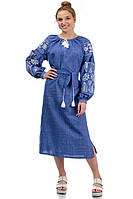 Платье вышиванка Купава с длинным рукавом, джинс. Лен-габардин, размеры S-3XL.