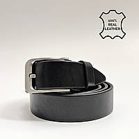 Черный брючный кожаный ремень 3,5 см с никелированной пряжкой