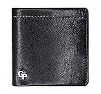 Мужской кошелек черный из кожи небольшой квадратный GP, мужское черное портмоне кожаное горизонтальное
