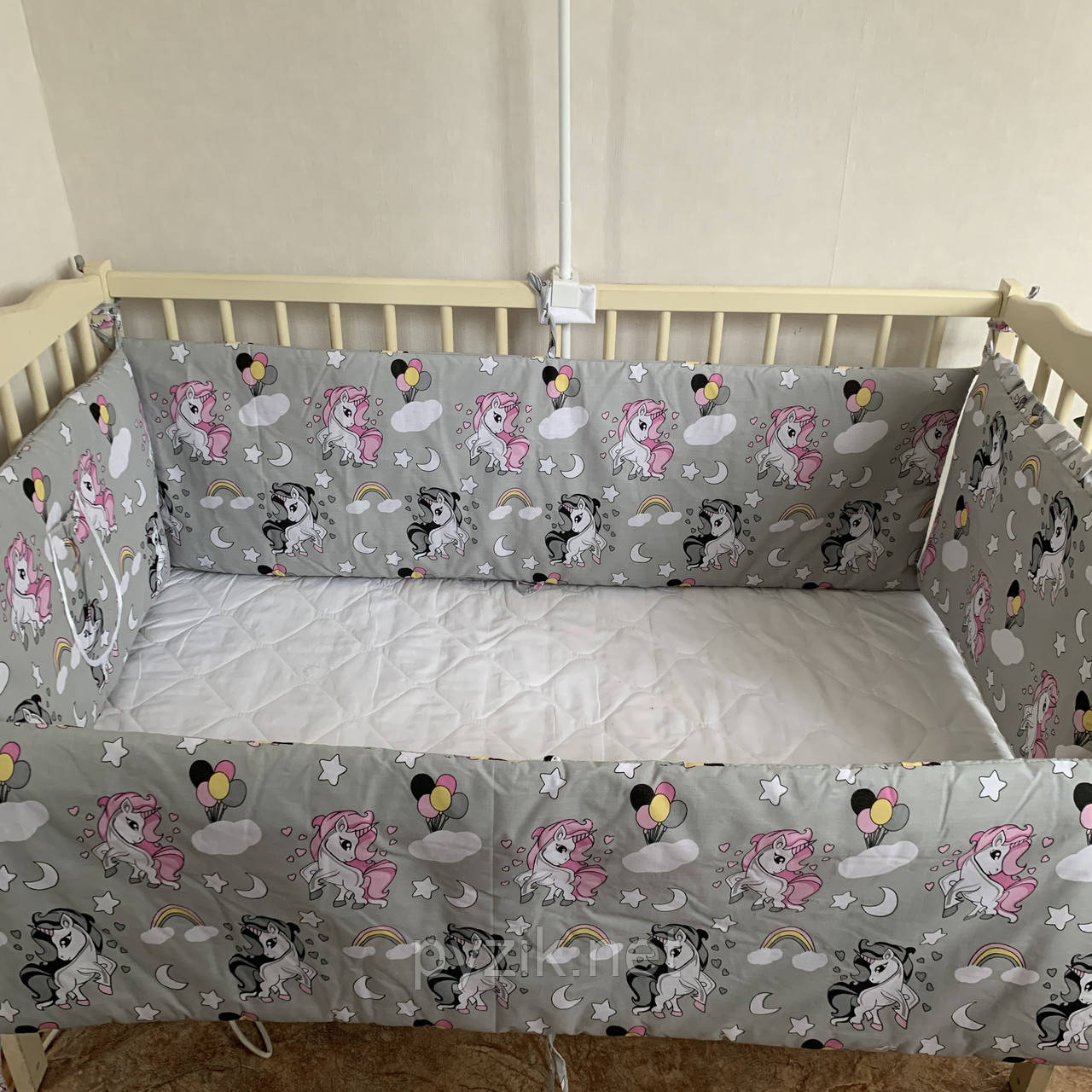 Захист для дитячої ліжечки 120х60 см, "Єдиноріг" сірий