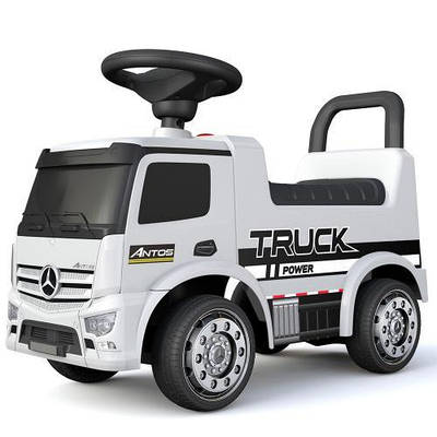 Чарівна каталка-толокар дитині Вантажівка Mercedes з музикою багажником і зручним сидінням зі спинкою Біла
