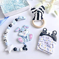Подарки для новорожденных с именной игрушкой грызунок Зайчик , на выписку, крестины, полгода, для мальчика.