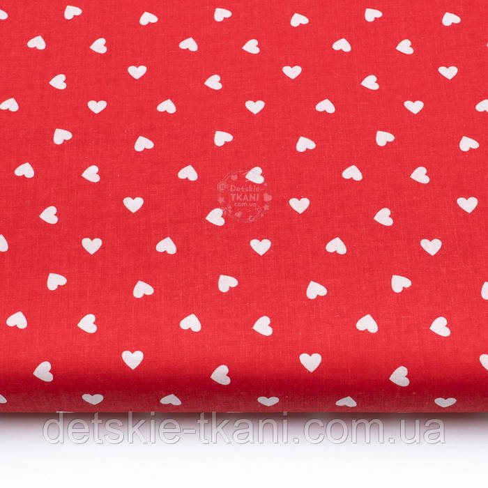 Бязь із рідкими білими сердечками 10 мм на червоному тлі №1241, фото 1