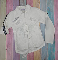 Блузка-сорочка молочного кольору з гіпюром і стразами для дівчаток р 128