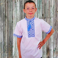 Вышиванка детская для мальчика с геометрическим узором Федор, красная/синяя вышивка, короткий рукав, 1-12 лет