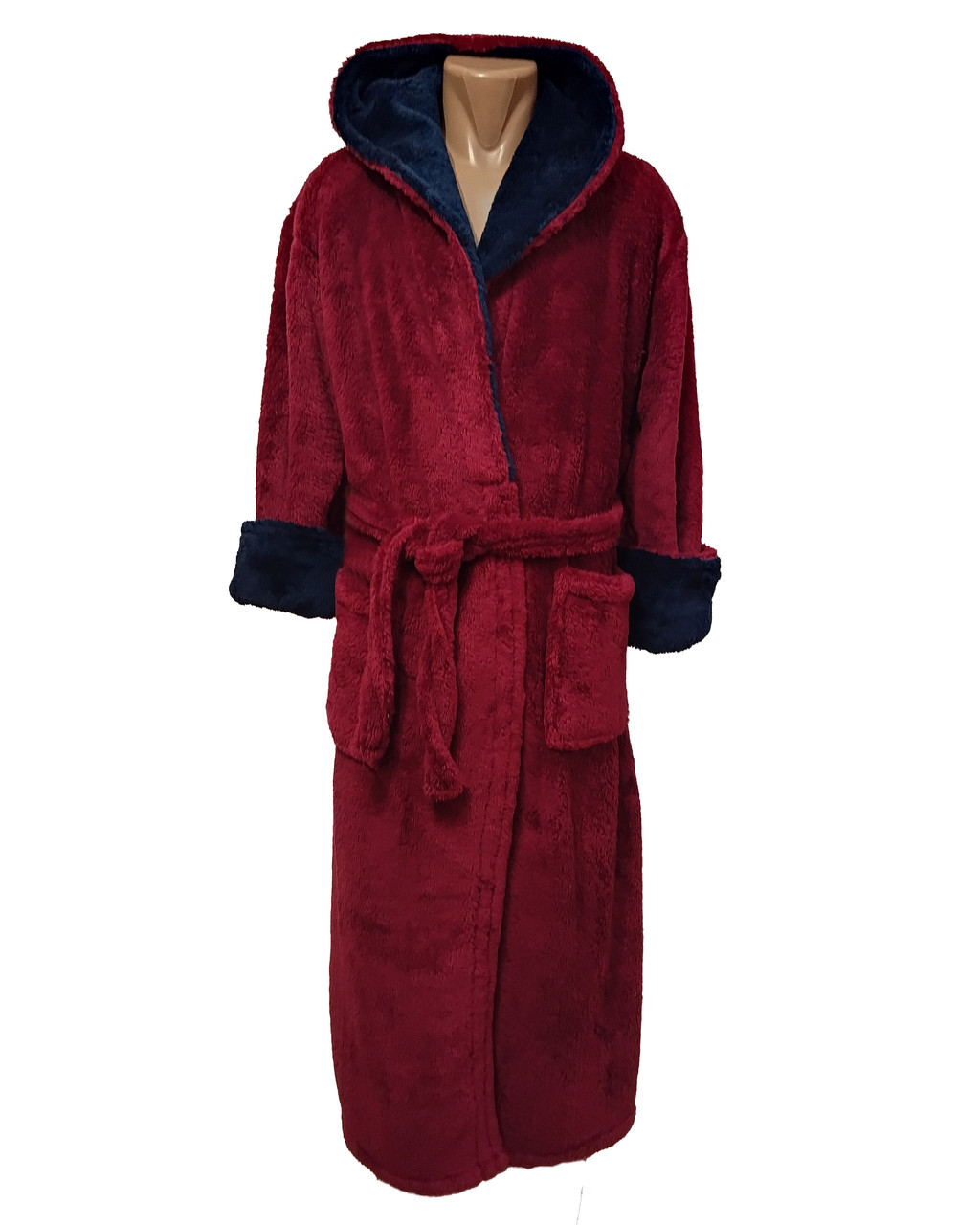 Халат жіночий теплий з капюшоном колір бордовий р. 3XL
