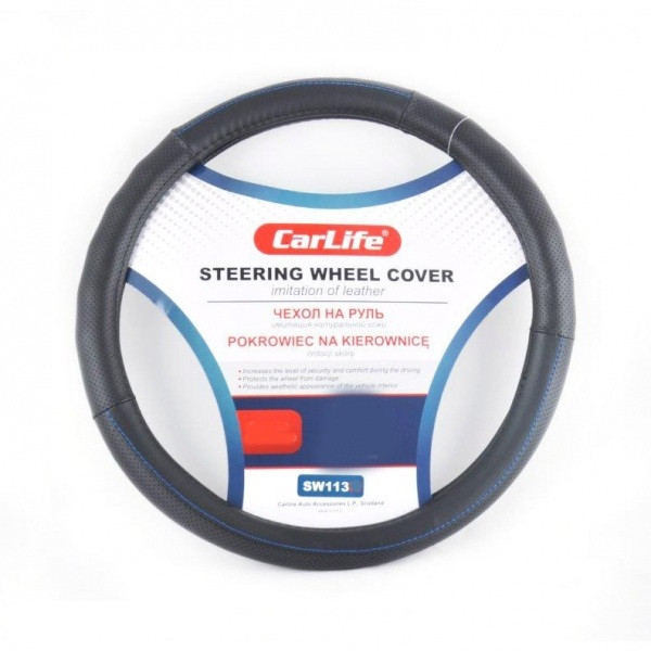 Чохол на кермо зі штучної шкіри,чорний із синьою ниткою/ SW113L, фото 1