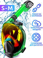 Маска для плавания S/M VelaSport 7.0 Снорклинга Ныряния Полнолицевая с трубкой на все лицо для купания Зеленый