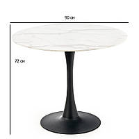 Обідній круглий скляний стіл Halmar Ambrosio 90 см білий мармур для кухні на одній ніжці