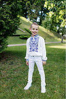 Нарядные Вышиванки рубашки для мальчиков голубой орнамент, Сорочки вышиванки детские для мальчика, 104