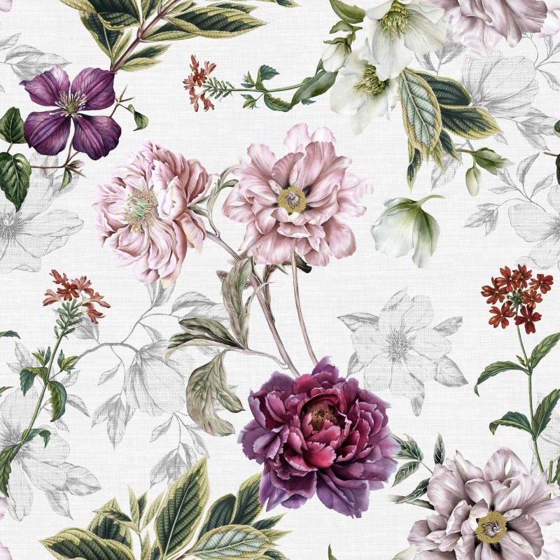 Меблева тканина Flowers White 390416/001, велюр з принтом