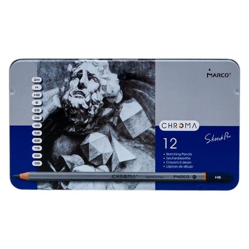 Набір графітових олівців Marco Chroma 12 штук 2H-9B металевий пенал 8015-12TN, 934061, фото 1
