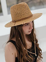 Соломенная летняя шляпа Федора из рафия с цепью и ракушками D.Hats коричневого цвета