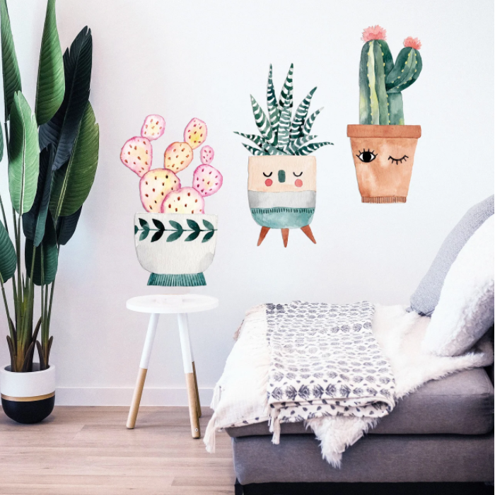 Акварельні наклейки Вазони набори наклейок кактуси оригінальний декор ПВХ 540х390мм матова