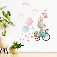 Виниловые наклейки на стену Зайчик с цветами (воздушные шарики заяц велосипед) Набор М 500х600 мм глянцевая