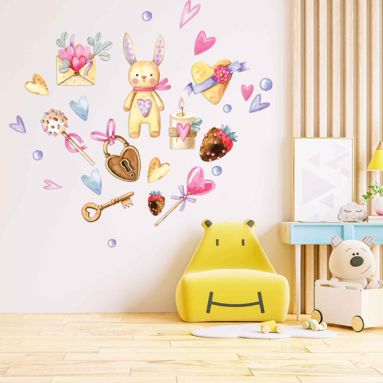 Вінілові наклейки Зайчик із сердечками (день святого Валентина серця подарунки) Набір М 1100х500 мм матова