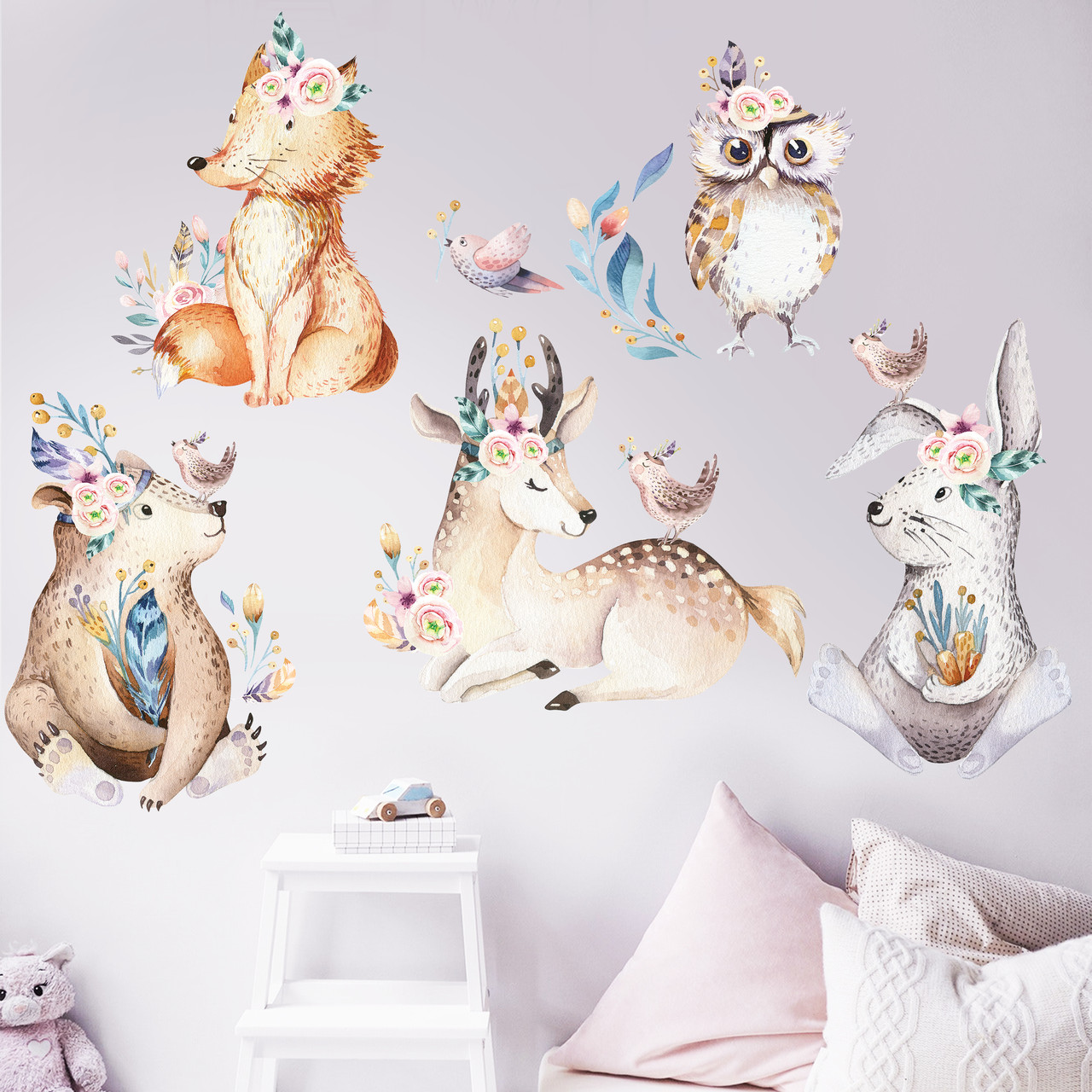 Наклейки на шпалери Лісові звірята (олень ведмідь сова лисиця заєць) Набір М 1100х500 мм матова, фото 1